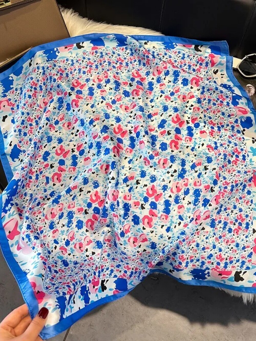 Silk-feel Blue & Pink Floral Silk Scarf - Women Head Scarf 70×70cm